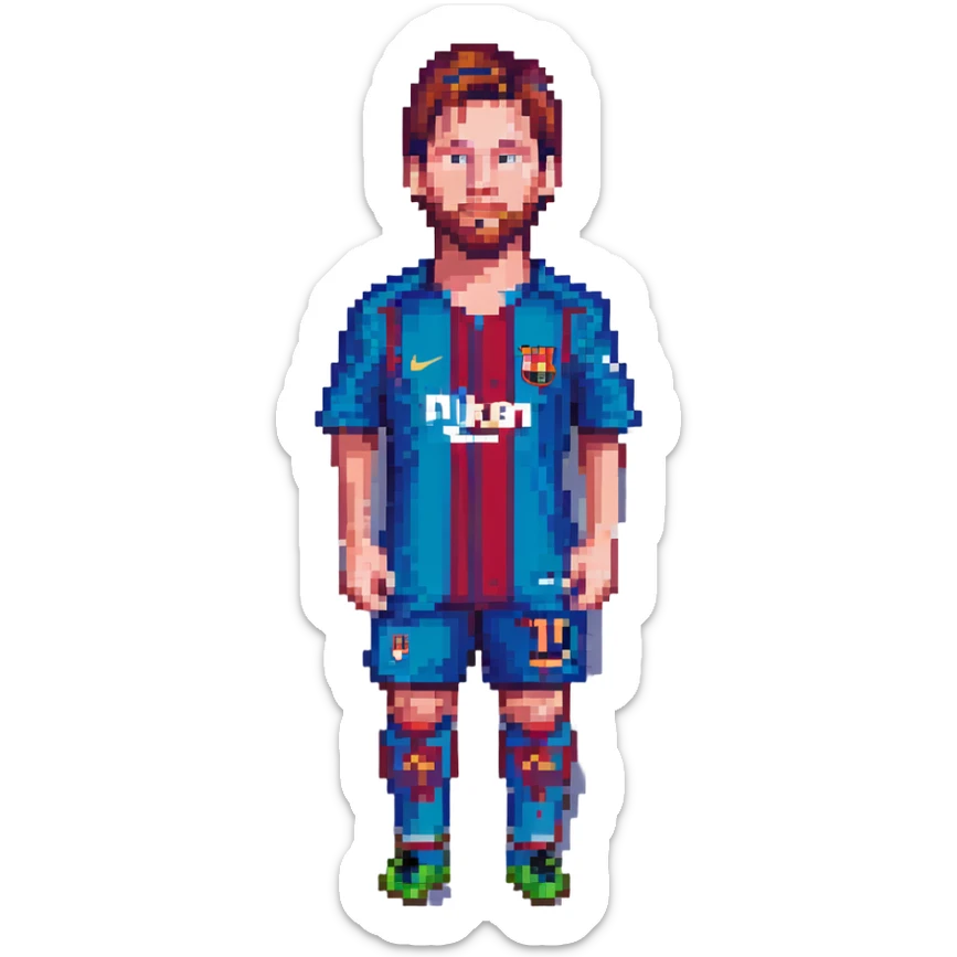 pixel art portrait of Messi, football legend, in classic kit, pixelated style sticker