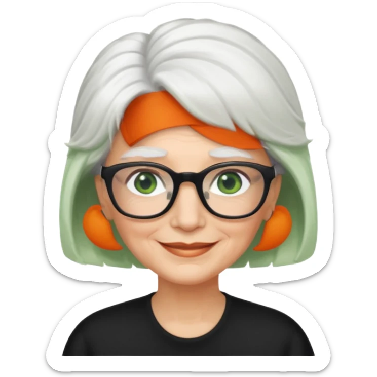 White hair grandma, green eyes, hair to shoulder, lokeg black glasses, rectangles face, smile , sticker