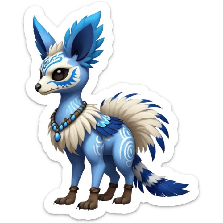Furry cute colorful exotic tribal feral anime-styled Fakémon-Pokémon-animal-creature with a skull mask, and blue feathers around neck, and blue feathers, with long furry ears, long furry tail, 4 legs, (full body), with intricate pattern-markings  sticker