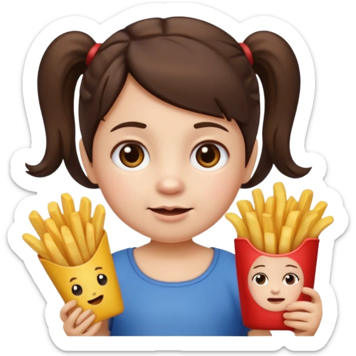Toddler emoji with two pigtails dark brown hair, fair skin, holding French fries sticker