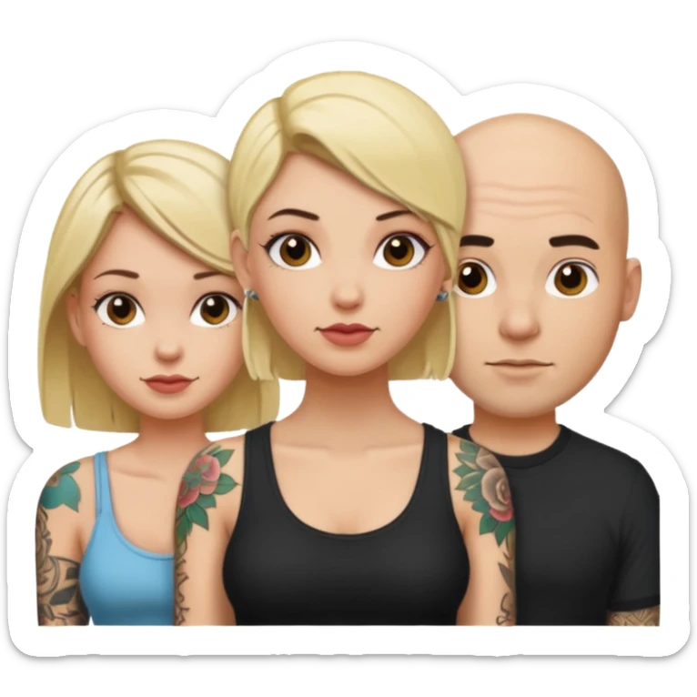 throuple blonde female brunette female with tattoed bald male sticker