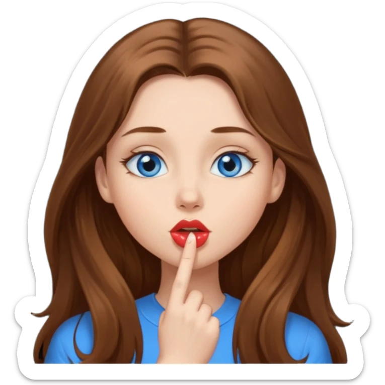 A girl with brown long hair and very blue eyes sending a kiss sticker