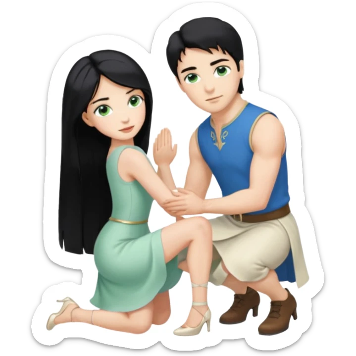 prince, upright, black Hair, blue eyes, garment,  Woman, bending knee, sleveless white dress, blonde hair, green eyes, sticker