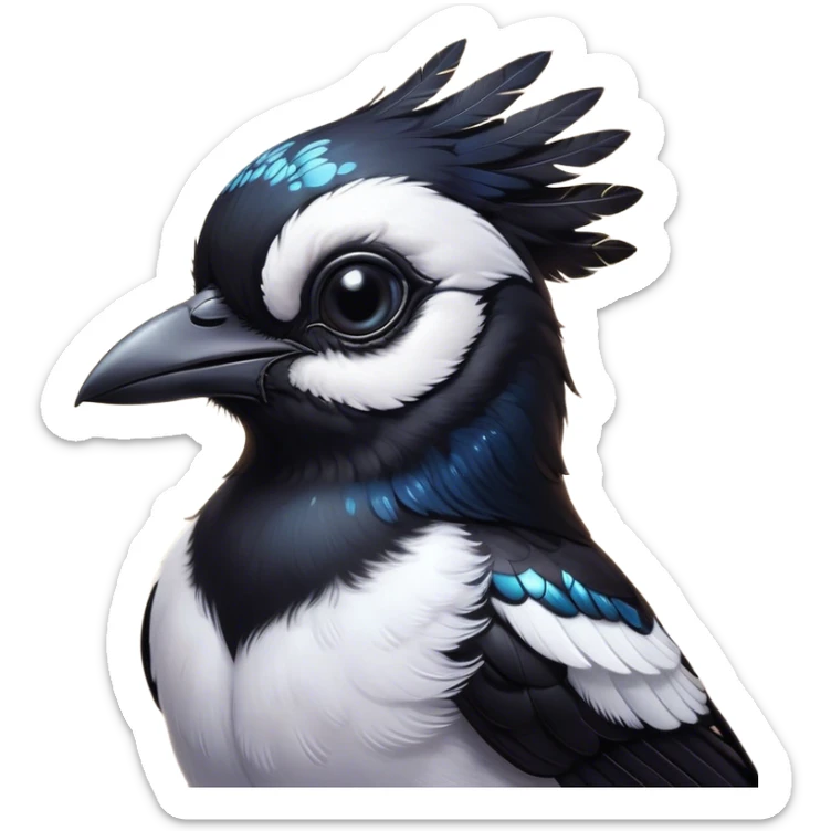 Cinematic Cute Magpie Portrait Emoji, Head tilted playfully and inquisitively, featuring a compact, elegant form with glossy, contrasting black and white feathers and round, sparkling eyes full of playful charm, Simplified yet irresistibly adorable features, highly detailed, glowing with a warm, inviting glow, high shine, affectionate and lively, stylized with a touch of whimsical urban flair, soft glowing outline, capturing the essence of a mischievous yet endearing magpie that seems as if it could flit out of the screen into your arms! sticker