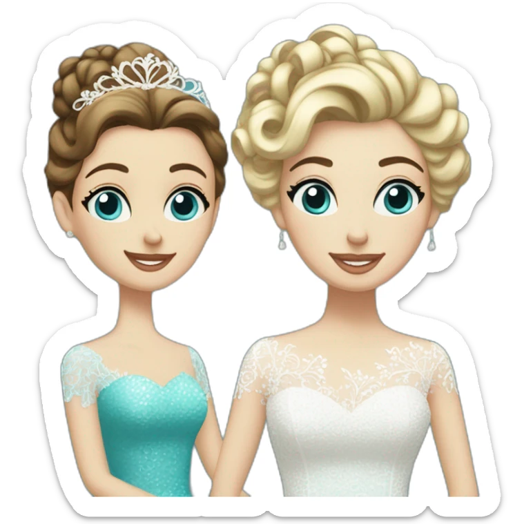Bride with brown hair into a bun, blue eyes and a lace dress. Next to her the bride's mother with blonde curls and a turquoise sequined dress with sleeves. sticker
