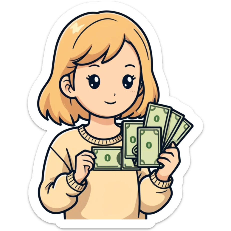 girl with rummy hair in beige sweater happy with money in hands sticker