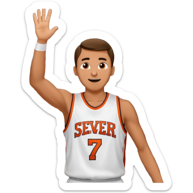 Maverick Trevillian in the crowd at an amateur basketball game. He leans towards the camera and enthusiastically shouts "six seven while performing a distinctive hand gesture: both hands open, palms facing upward, moving up and down as if weighing two options. sticker