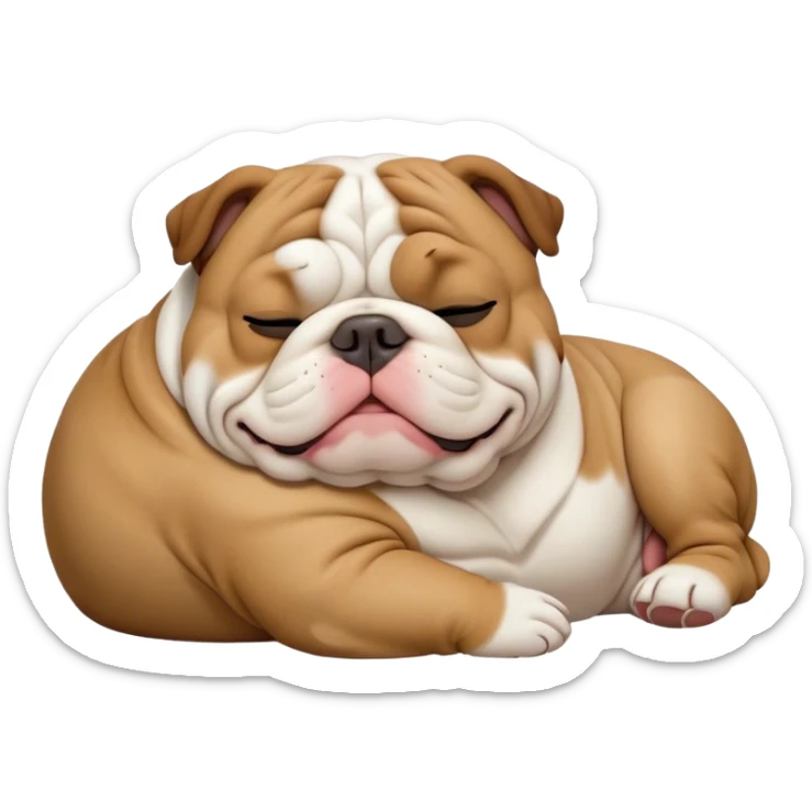 Cinematic Meme-Worthy Chubby Sleeping Brown and White English Bulldog Portrait Emoji, Head resting peacefully with a contented smile, showcasing a delightfully chubby build and a luxuriously soft brown and white coat, eyes shut in a serene nap, Simplified yet hilariously adorable features, highly detailed, glowing with a soft, drowsy light, high shine, relaxed and utterly lovable, stylized with an air of playful laziness, bright and heartwarming, soft glowing outline, capturing the essence of a comically sleepy guardian, so meme-worthy it feels like it could instantly become the next viral sensation of adorable slumber! sticker