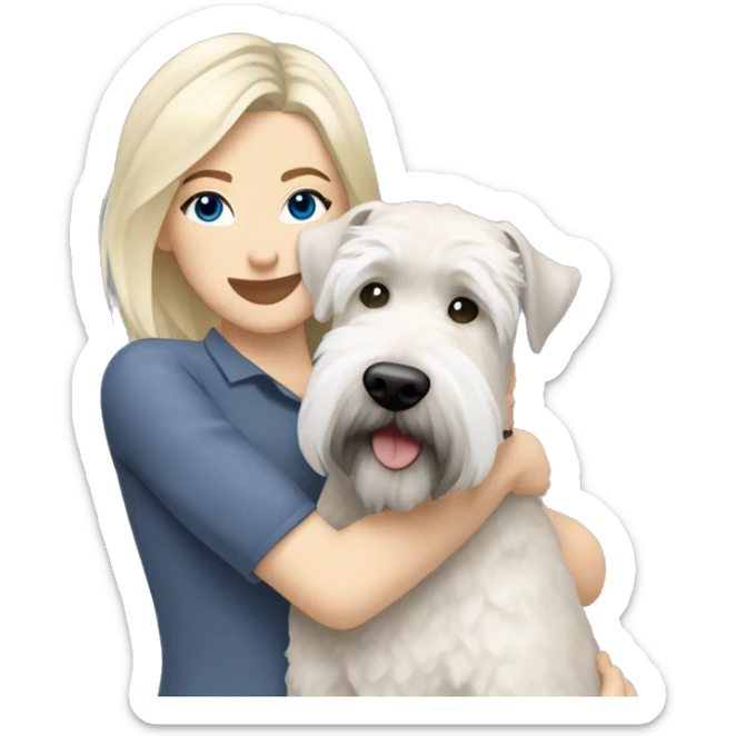 pretty woman blonde hair blue eyes hugging a white and gray soft coated wheaten terrier dog sticker