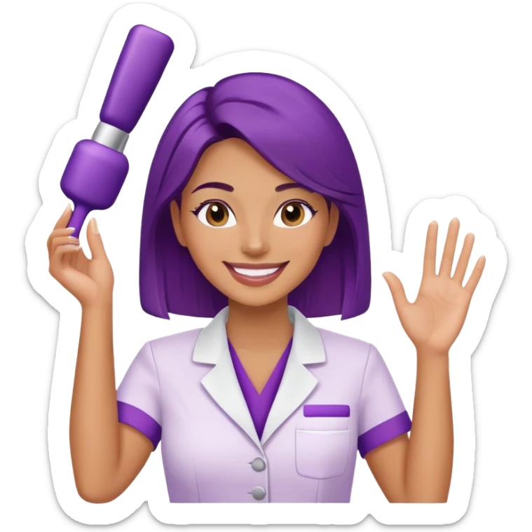 Woman cosmetologist in purple salon uniform with hand raised, smiling sticker