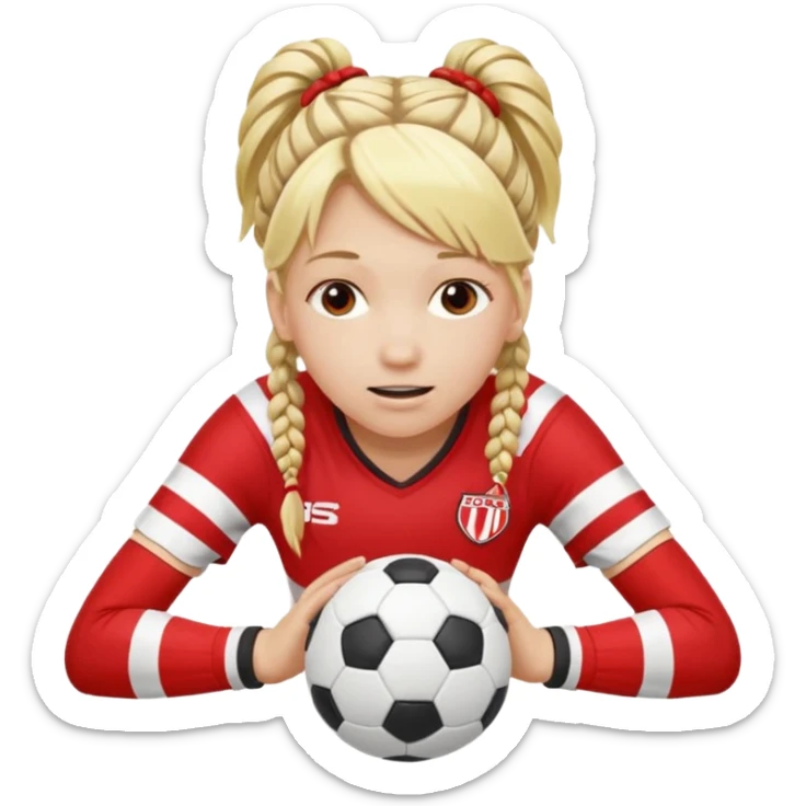 Chica de pelo rubio tirada en el suelo boca abajo agarrando un balón con las manos vestida con una equipación de color rojo y blanco con líneas y con unas botas de tacos de fútbol, con un bucal en la boca y el pelo con trenzas sticker