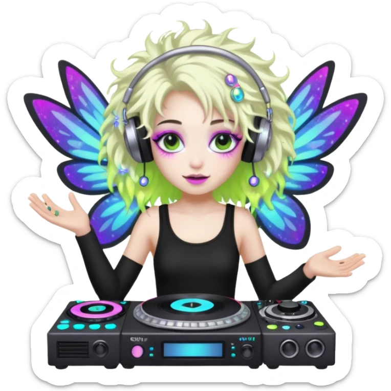  hard-techno-rave-fairy,-holding-a-dj-turntable,-wild-hair,-neon-sparkles,-minimal-background sticker