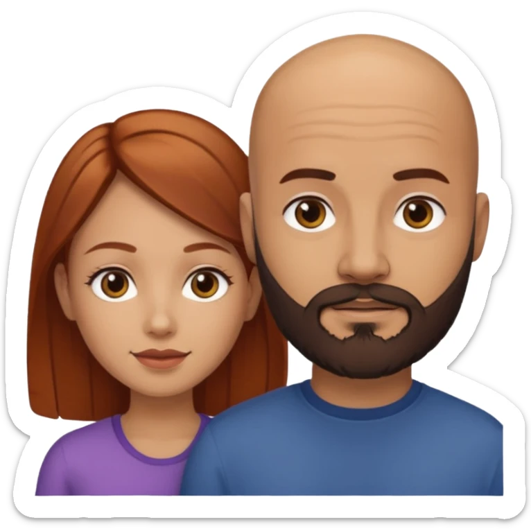 Couple. A bald man with dark brown beard and a girl with light skin. She is a redhead and has dark yellow brown auburn hair. Different skincolor. She has very light skin. sticker
