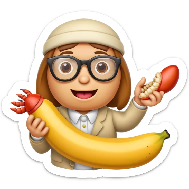 Hotdog with glasses and a mouth holding a banana and holding a crab sticker