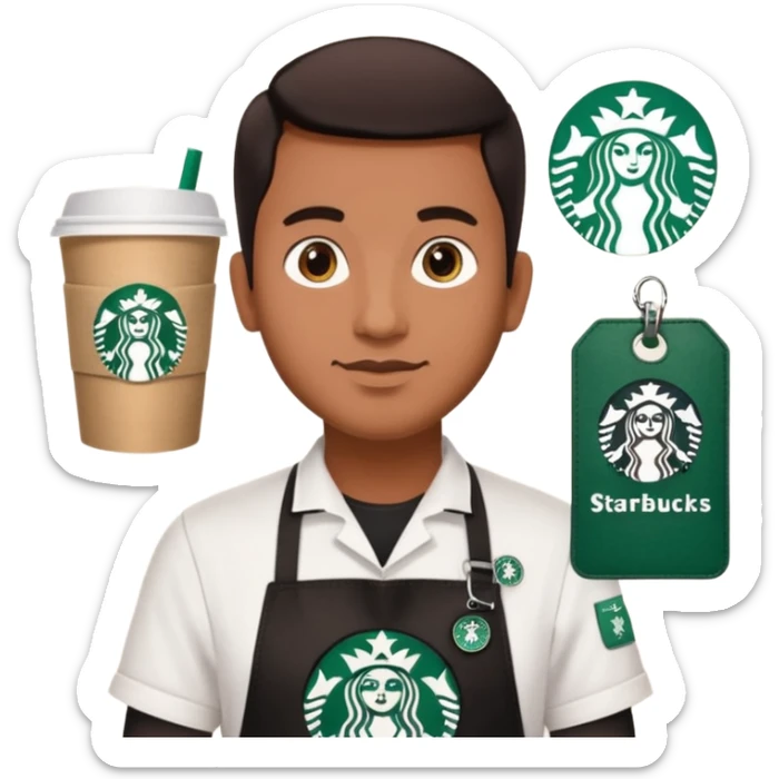 create a sticker of my male bangladeshi friend who is supervisor at starbucks plus coffemaster so black apron woth coffeemaster on it and starbucks logo he s also a comp sci student sticker