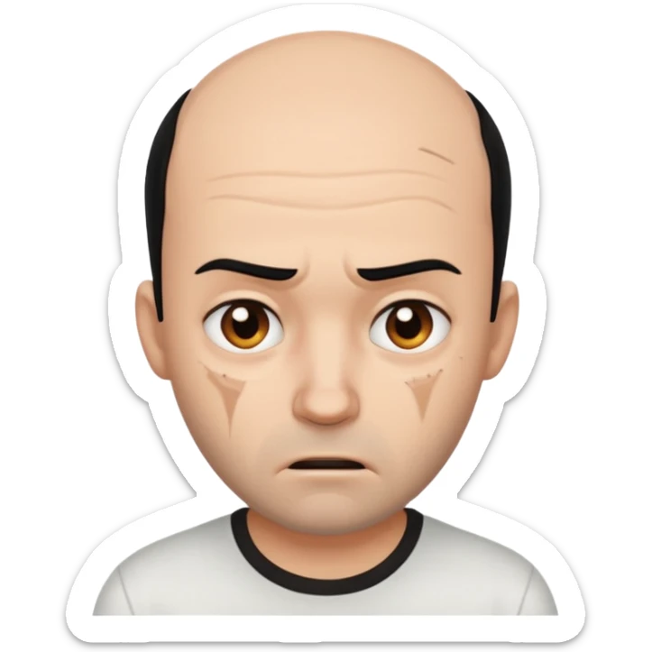 A balding person whos crazy and canadian and has black hair and is white and wearing a white shirt and has scars sticker