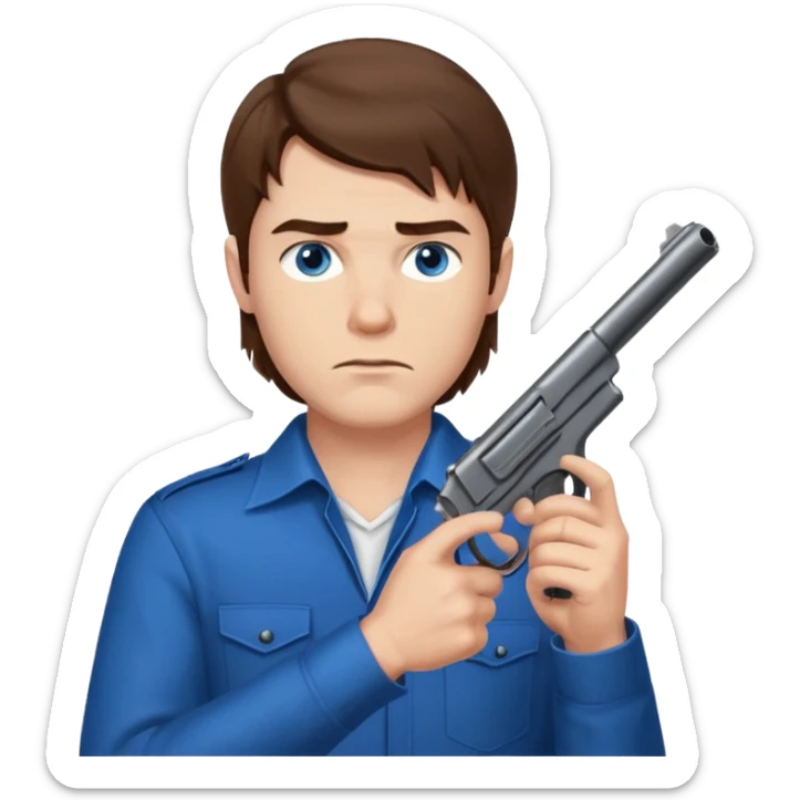 guy w medium long brown hair and blue eyes with gun pointed up at his chin sticker