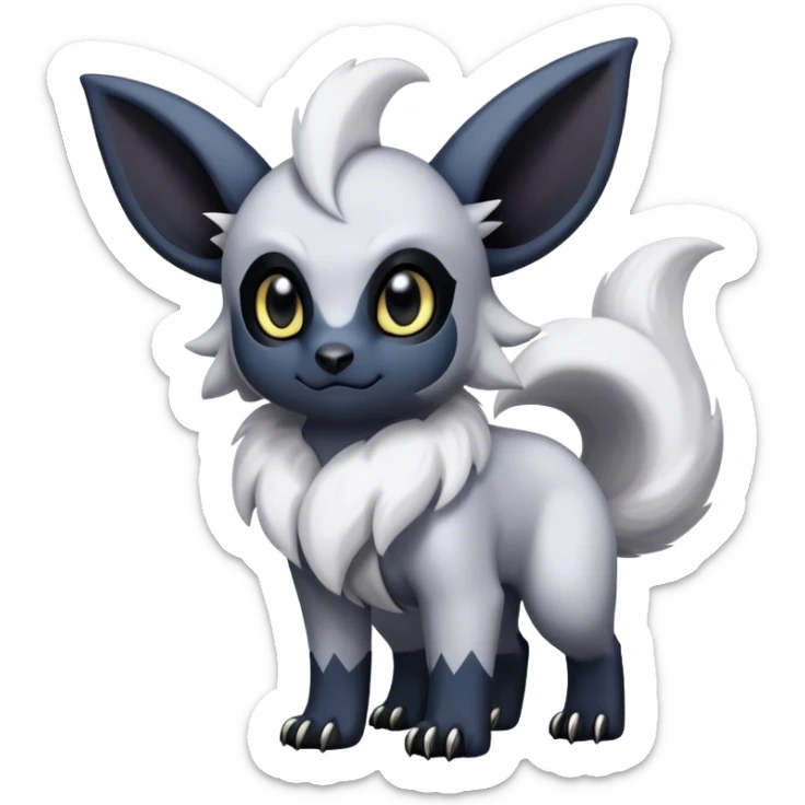Absol-Umbreon-fantasy creature, nostril holes, black ears, no Scapha, black long scaly tail, big eyes, black eyes, white fur, black claws, cute, adorable sticker