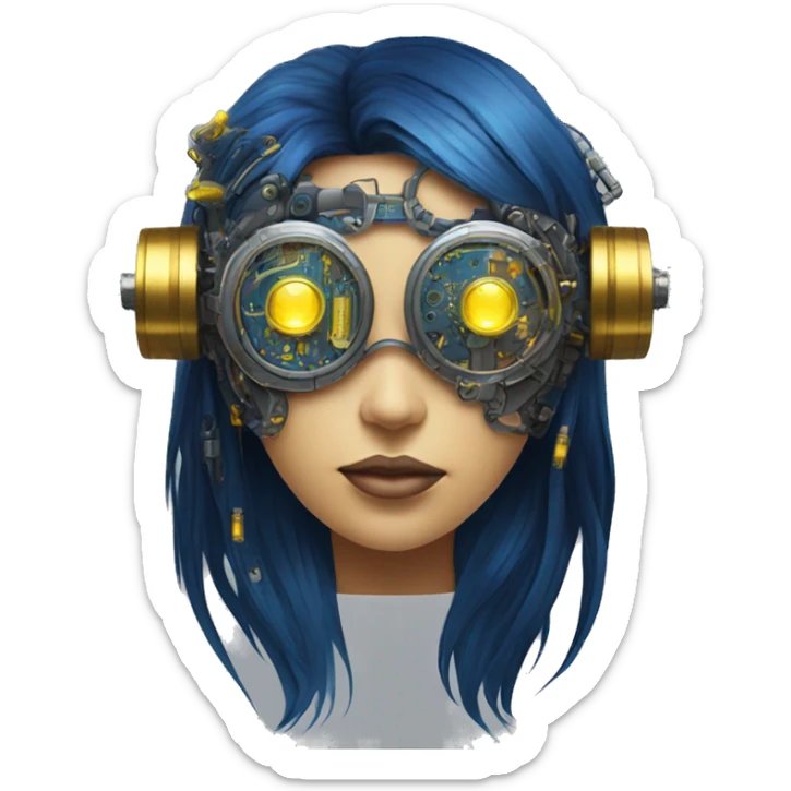 Dark blue long hair female cyborg head with yellow steampunk goggles and circuits sticker