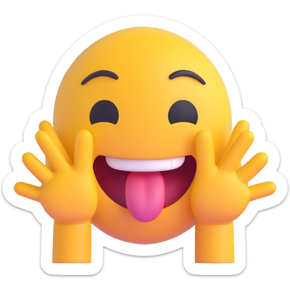 happy face with tongue out and hands on both sides of the face, 3D emoji style sticker