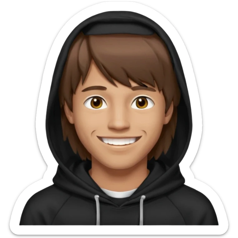 20 yr old man, brown hair, straight, big smile, white teeth, tanned skin, bangs, black hooded sweatshirt, long hair in back, middle parted bangs sticker