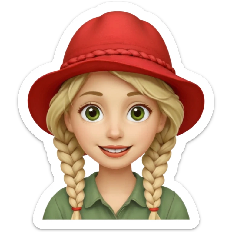 messy green clay mask and red tourist hat blond braided woman big eyes smiling sticker