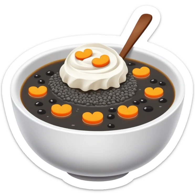 Black sesame soup sweet dessert in bowl, simplified emoji style with bold outlines and bright colors, cartoon style Zhi Ma Hu traditional Chinese treat sticker