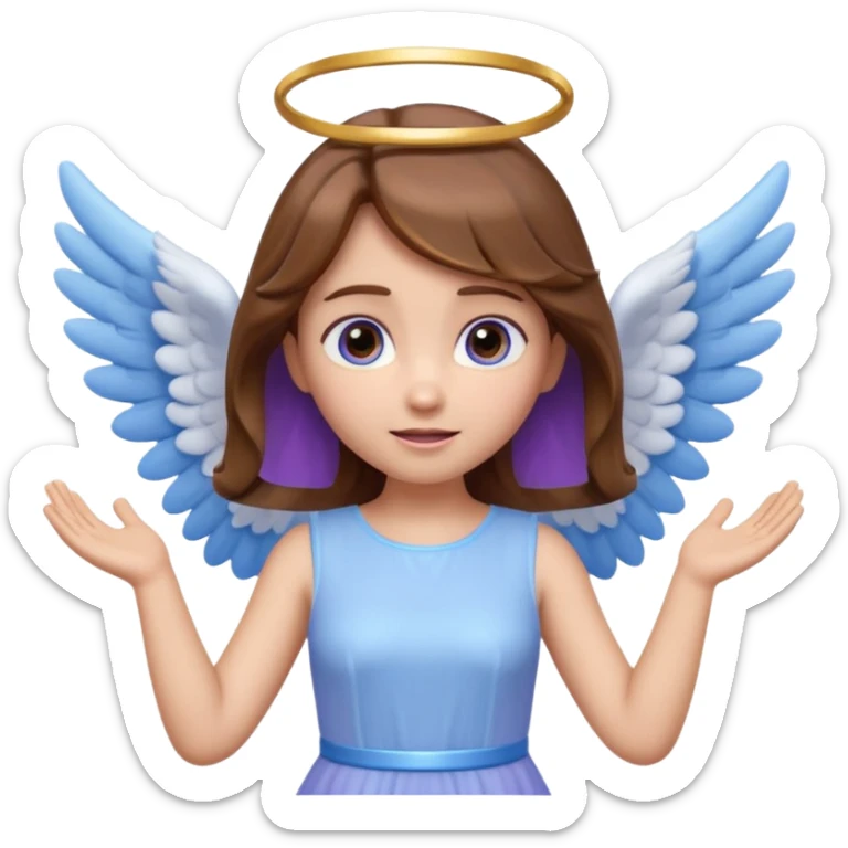Cute 3D angel emoji, brown hair, glowing halo, small blue-white wings, pastel purple dress, hands raised, big expressive eyes, soft lighting, glossy texture, Pixar style, high detail sticker
