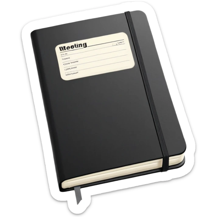 An open black Moleskine notebook with meeting agenda written at the top and clearly visible bullet points below sticker