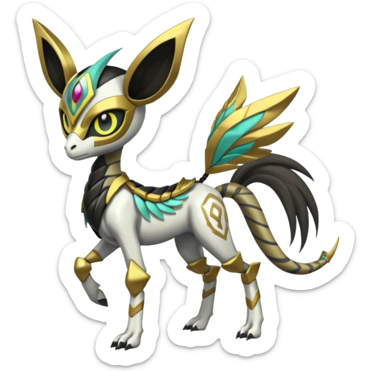 Arrow-patterned chevron-marked Big-eyed anime-styled Colorful Shiny Tribal Skeletal masked armored Meloetta-Silvally-Solgaleo-Raikou-Pokémon-Digimon-Fakémon-fusion-hybrid-creature, full body sticker