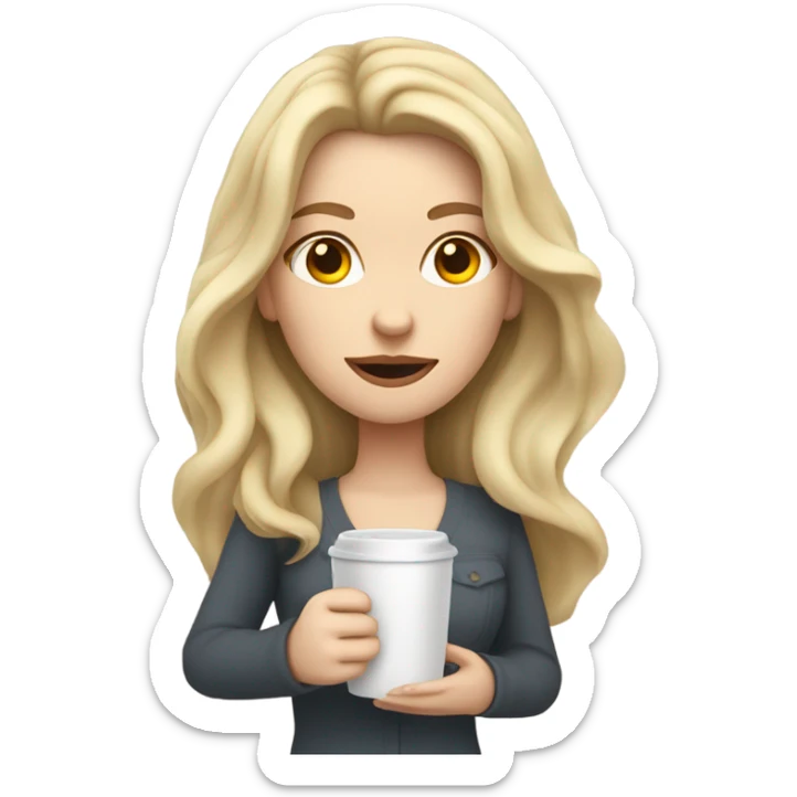 Woman, white skin, pale skin, long hair, blonde hair, wavy hair, tired expression, holding cup of coffee sticker