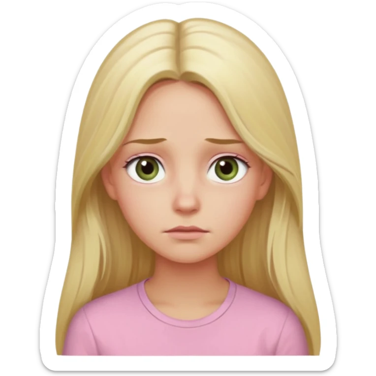 blonde with long hair and swamp-colored eyes, wearing a pastel pink shirt, thoughtful expression, eyes looking to the side, iOS Apple emoji style sticker