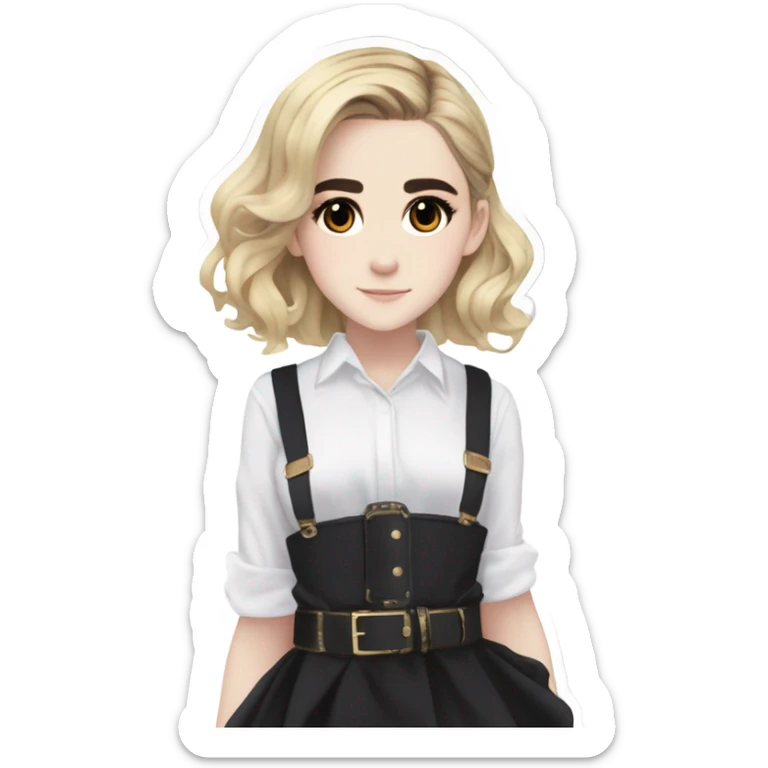 Anime version of Kiernan Shipka in 20denier black thigh highs and super high platform high heel sandals with white blouse with belt  sticker