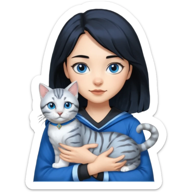 Girl with light skin, blue eyes, shoulder length straight black hair, wears a ravenclaw outfit, with a silver bengal cat holding in her arms sticker