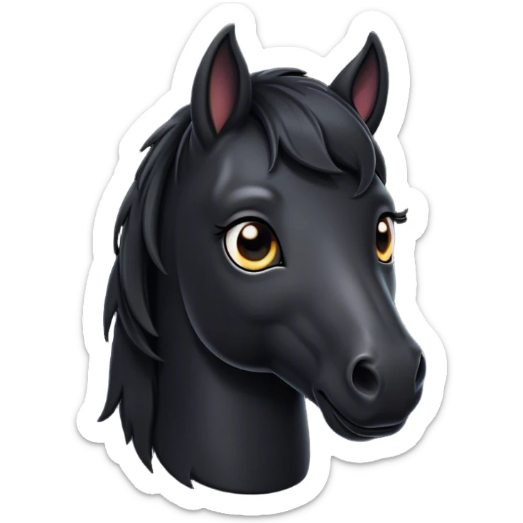 Cinematic Cute Black Horse Portrait Emoji, Head tilted playfully and inquisitively, showcasing a glossy black fur with a striking sheen and expressive dark eyes filled with curiosity, Simplified yet irresistibly adorable features, highly detailed, glowing with a warm, friendly glow, high shine, affectionate and spirited, stylized with a touch of whimsy, bright and endearing, soft glowing outline, capturing the essence of a mischievous yet loving horse, so playful it feels like it could trot out of the screen and into your arms! sticker