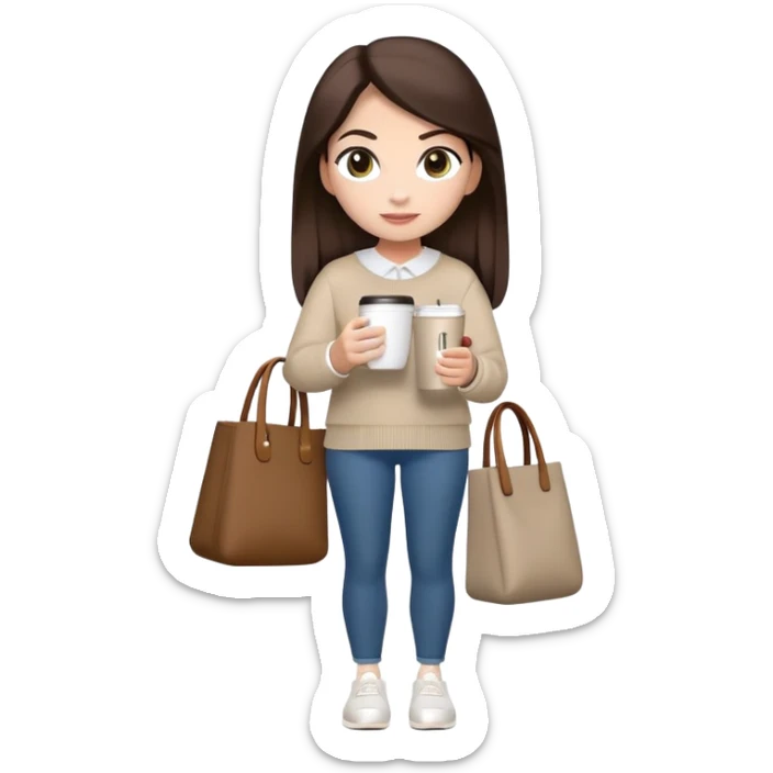 A full-body  female character in Apple Memoji style. She has the same face, hair color, and features as the provided reference (long dark brown hair, neutral skin tone, expressive eyes). She is wearing a modest, trendy outfit with a neutral-colored sweater or outer, carrying a tote bag on one shoulder, holding a cup of coffee in the other hand, and wearing white AirPods. The overall style should closely resemble an official iPhone Memoji, with a friendly and relaxed vibe. Simple background. sticker