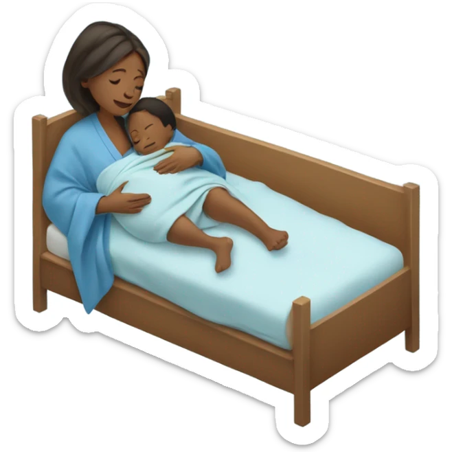 A pregnant woman resting on a hospital bed, holding her newborn baby wrapped snugly in a blue swaddle blanket.






 sticker