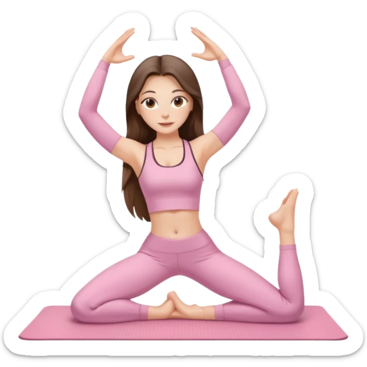 white brunette girl long hair with hazel eyes in light pink workout clothes stretching on a yoga mat sticker