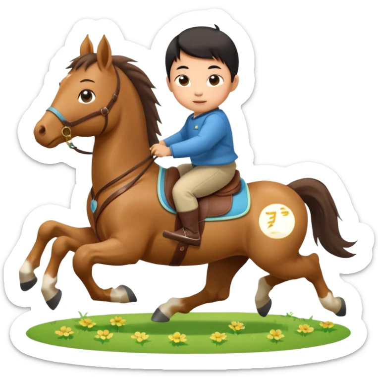 l little chinese baby riding on a  cute horse running really fast on the grass with 2026 year's label sticker