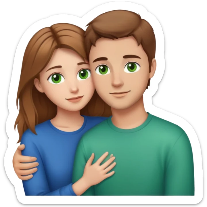 cute couple hugging, girl with light brown hair and green eyes, guy with brown hair and blue eyes sticker