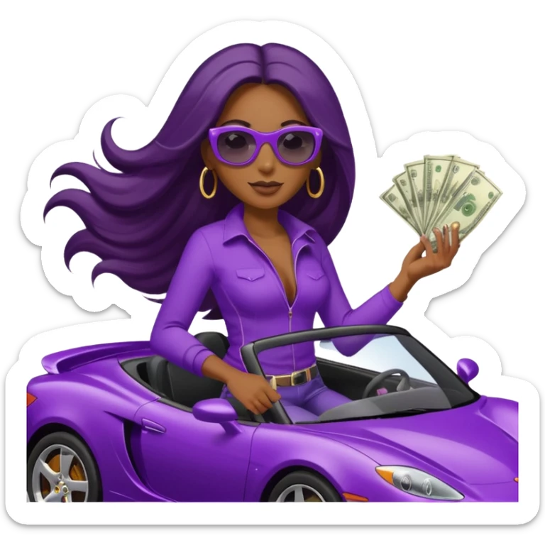 Black woman with long hair riding in a purple sports car with money falling sticker
