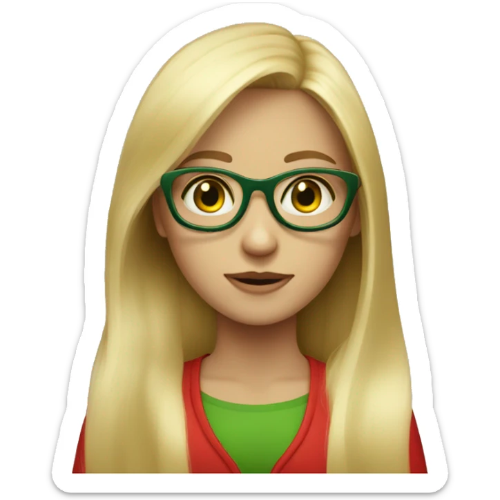 A blond longs hair girl  with green eyes and a red glasses  sticker