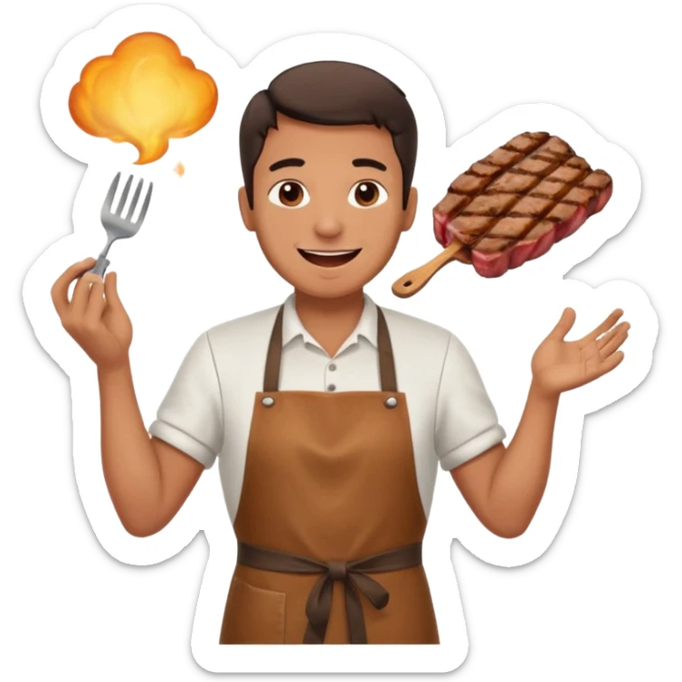 A cheerful man in an apron flipping meat on a sizzling grill with smoke puffing upward. sticker