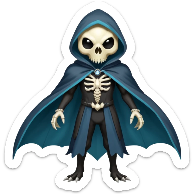 Shiny Dark Edgy  Duskull-Salandit-Inteleon-Fakémon-hybrid-creature (full body) with a bird-skull-mask and a cloak-cape sticker