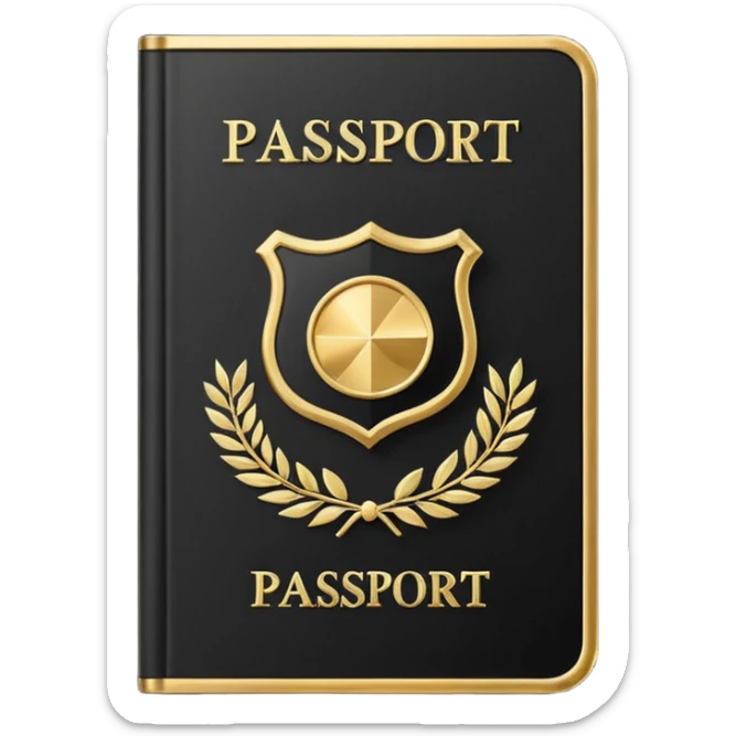 Minimal emoji icon of a black passport, matte cover, simple gold emblem, clean lighting sticker