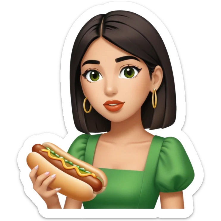 Create a picture of Dua Lipa in this green dress eating hot dogs sticker
