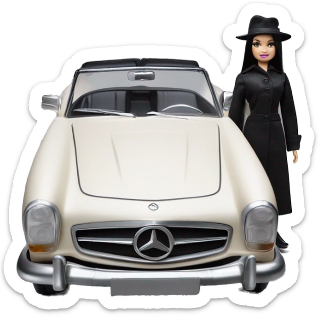 Bouclé Beauty Barbie, 1965 Wednesday Addams from academy, in dark-gray and black striped outfit with hat. Driving 1978 Mercedes convertible sports car  sticker
