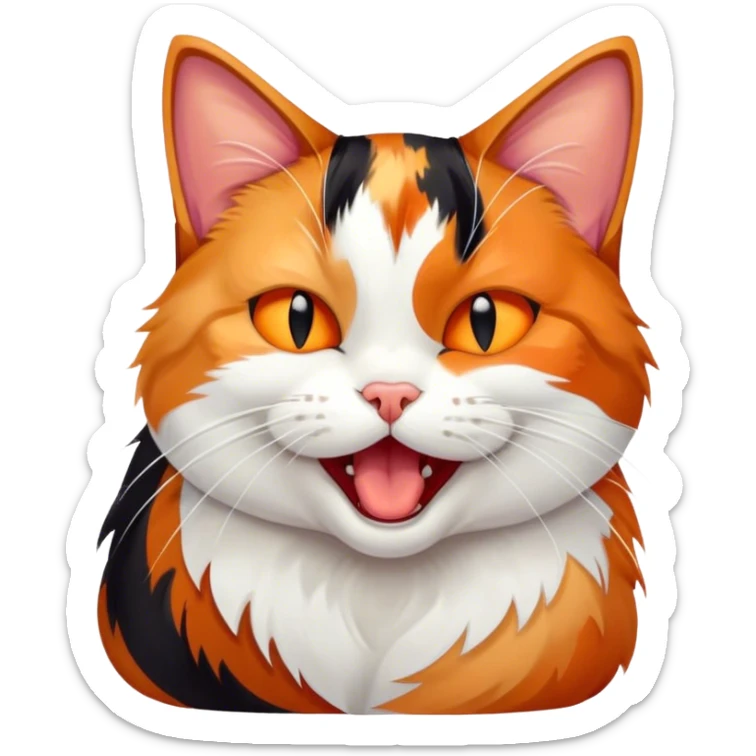 Cinematic Cute Yawning Calico Cat Portrait Emoji, Head tilted mid-yawn with a charming, relaxed expression, showcasing a soft patchwork fur of vibrant orange, black, and white, simplified yet irresistibly adorable, highly detailed, glowing with a cozy, gentle radiance, high shine, exuding sleepy yet endearing charm, styled with a soft glowing outline, capturing the essence of a calico cat caught in a delightful yawn that seems ready to cuddle up for a nap! sticker