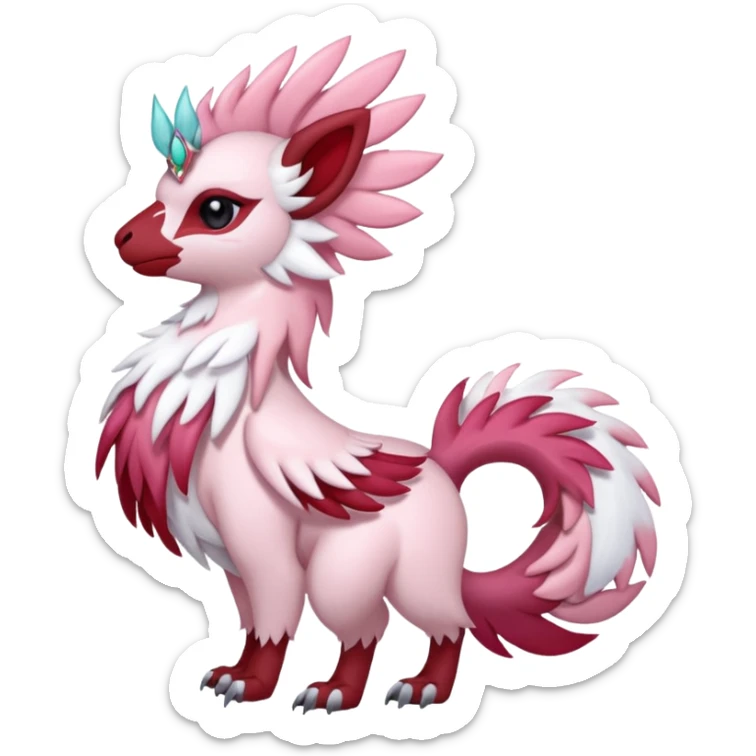Floral feathery pastel pink and ruby-jewelry-adorned Absol-Amaura-fusion-Fakemon-animal-creature  sticker