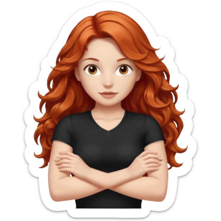 Athletic girl with long light red wavy hair and smaller boobs bigger arms not too big. middle part and black shirt sticker